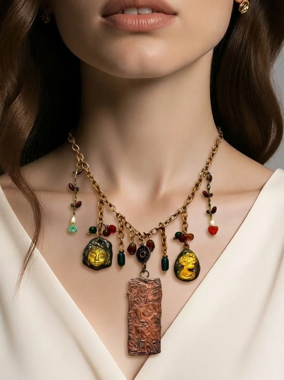 Italian Noblewoman Tiny Art Canvas Necklace | Glass, Clay Cameos & Copper - Picture 4 of 15